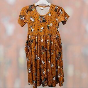 Girls Fall Themed Snoopy and Gang Brown & Orange Pullover Dress with Pockets